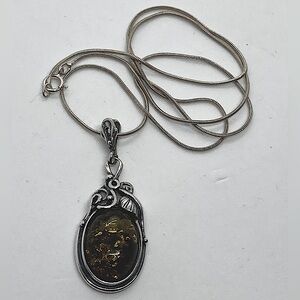 Vtg Sterling & Amber Floral Art Nouveau Revival Leaf & Vines Necklace 18” + 1.6”